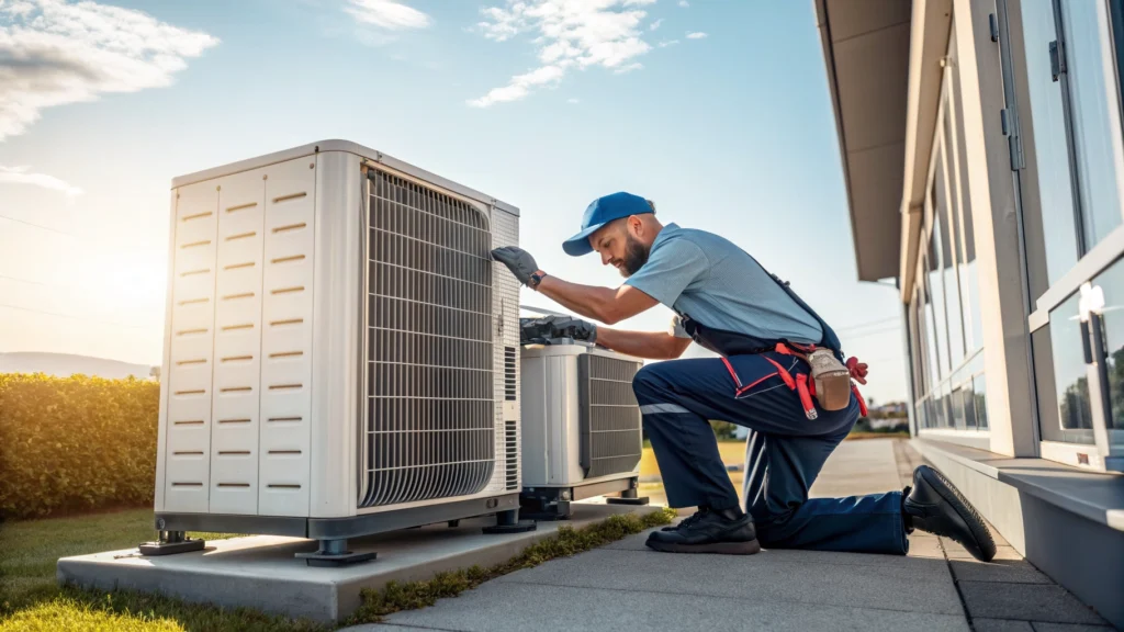 Professional HVAC technician repairing an AC unit outdoors.